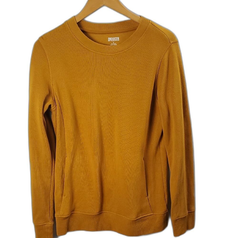 Duluth Trading Co Women's Rib Crewneck Thermal Knit Sweatshirt Sz S Mustard Boho